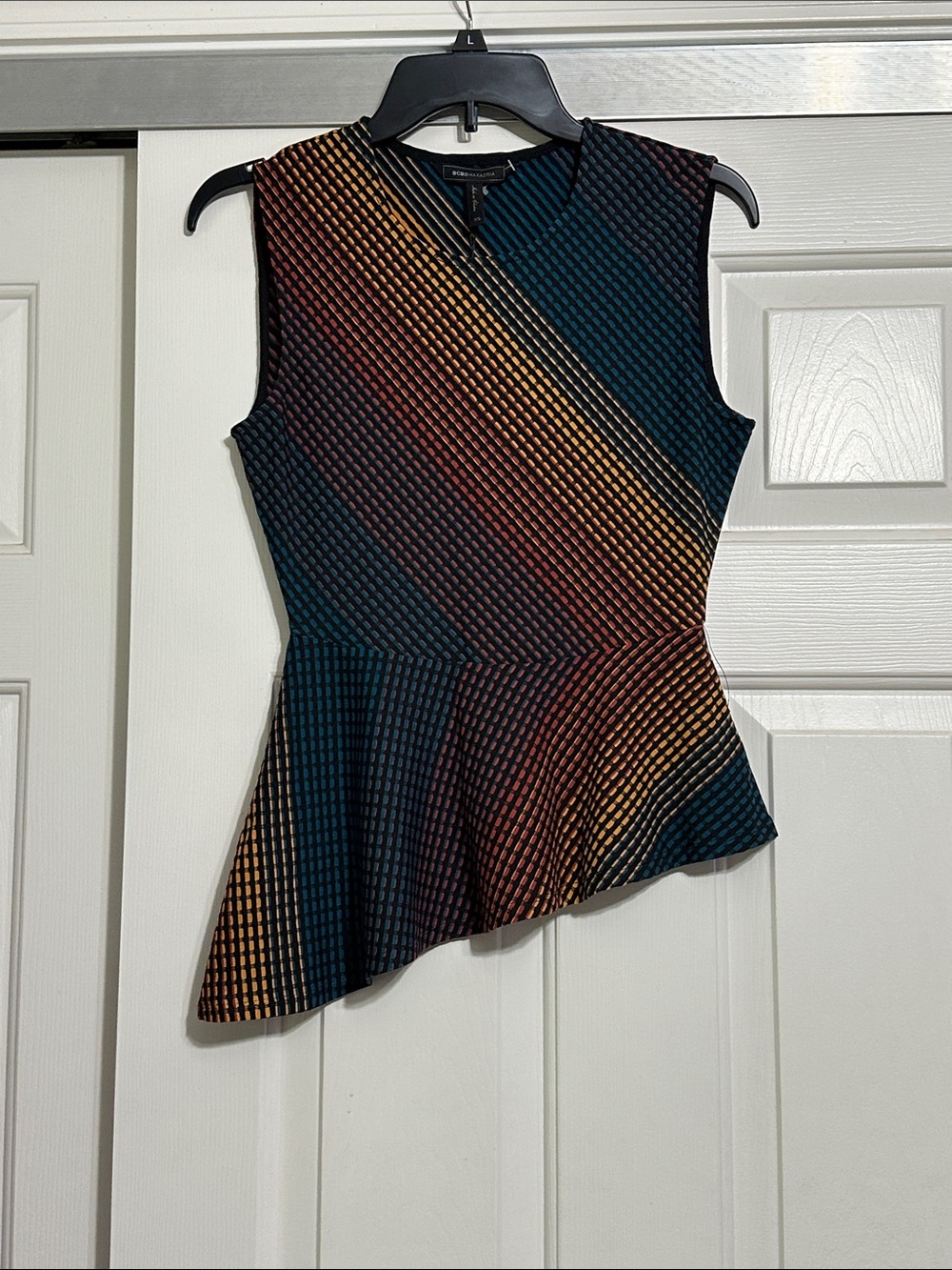 BCBGMaxAzria Multicolor Striped Peplum Top in Teal, Rust & Gold